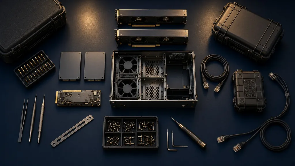 Overhead view of a workbench with modular server hardware components