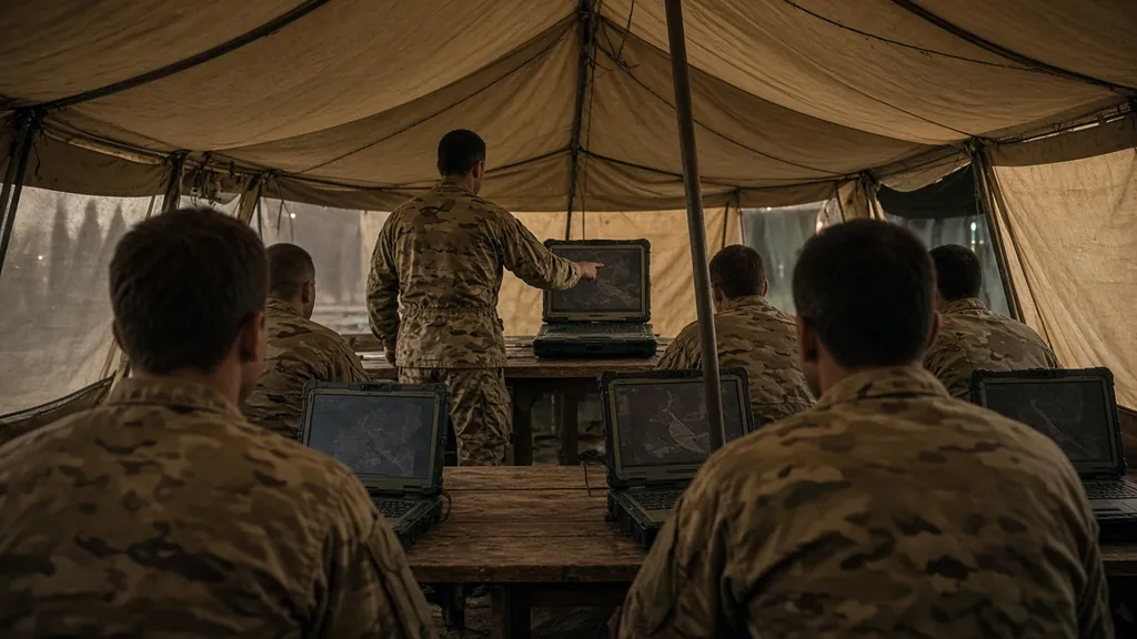 Soldiers seen from behind in a hands-on laptop training session inside a field tent