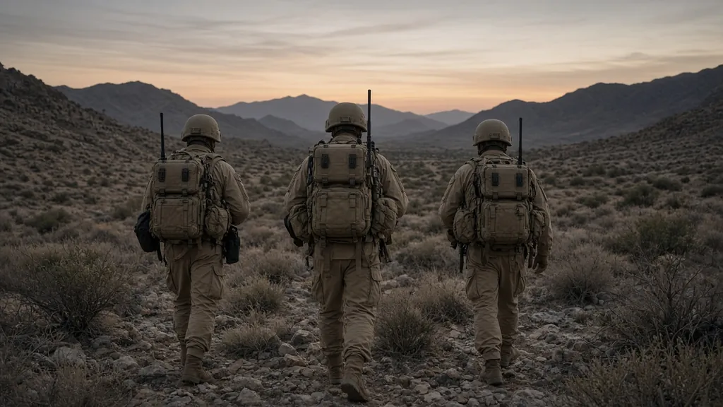 Field team on foot carrying manpack equipment across rugged terrain at dusk